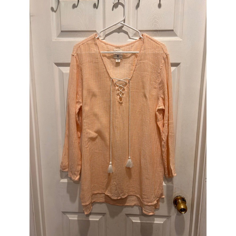 Billabong Women Orange White Striped Lace Up Tassel Gauze Tunic Cover Up Large